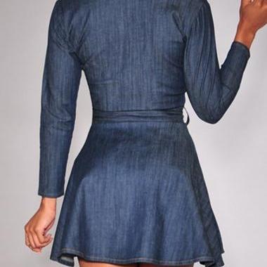 Fashion Ruched Neck Long Sleeve A Line Dress