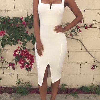 Fashion Solid Front Slit Mid Calf Dress