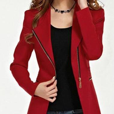 Fashion Long Sleeve Zipper Closure Red Blazer