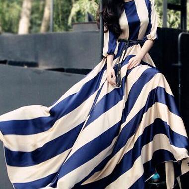 Fashion Blue And White Striped Floor Length Dress