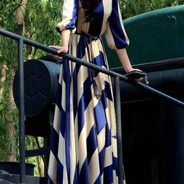 Fashion Blue And White Striped Floor Length Dress