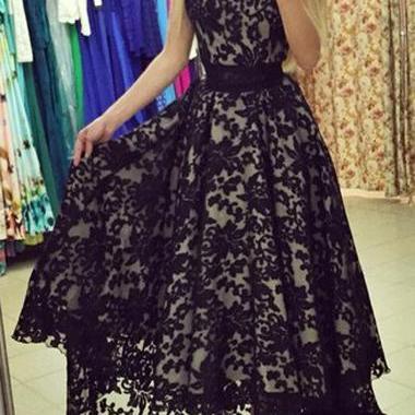 Elegant Lace Round Neck Asymmetric Maxi Dress -..