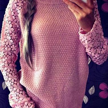 Fashion Lace Splicing Round Neck Pink Sweater (2..