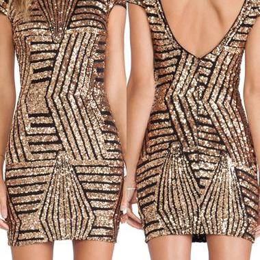 Sexy Sequin Embellished Gold Backless Sheath Dress..