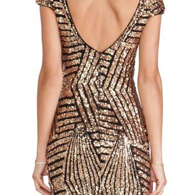 Sexy Sequin Embellished Gold Backless Sheath Dress..
