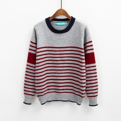 Women Stripe Long Sleeve Sweater For Autumn - Wine..