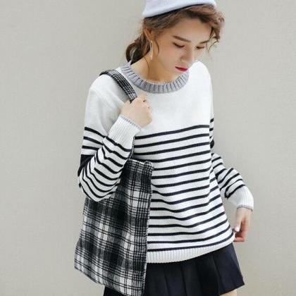 Striped Knitted Crew Neck Long Cuffed Sleeves..