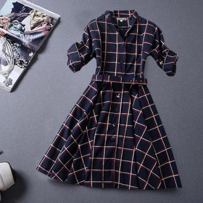 Fashion Grid Half Sleeve Dress For Autumn