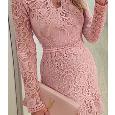 Elegant Keyhole Neckline Lace Mini Dress - Pink
