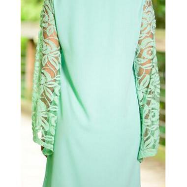 Women Fashion Flare Sleeve V Neck Mint Green Dress