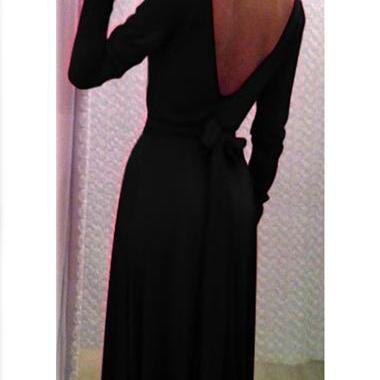 Elegant Long Sleeve Round Neck Backless Maxi Dress..