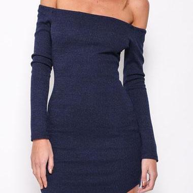 Sexy Long Sleeve Off The Shoulder Navy Blue Dress