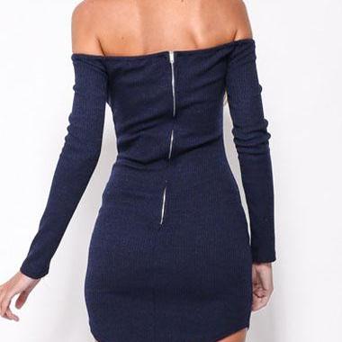 Sexy Long Sleeve Off The Shoulder Navy Blue Dress