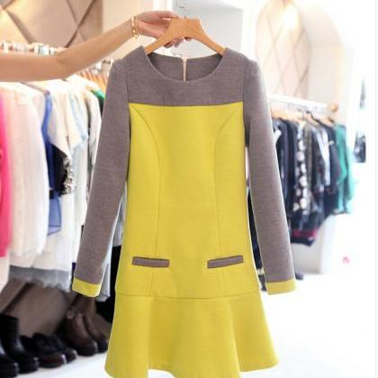Fashion Round Neck Woolen Long-sleeved Dress