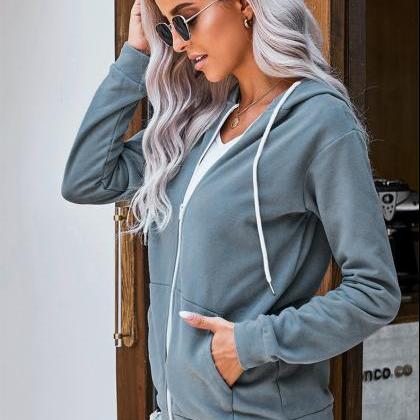 Fashion Hooded Collar Zip Up Decorated Coat - Grey