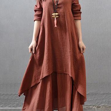 Casual Long Sleeve Button Decorated Rust Maxi..