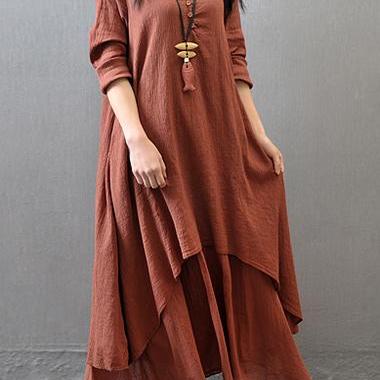 Casual Long Sleeve Button Decorated Rust Maxi Dress (3 Colors) on Luulla