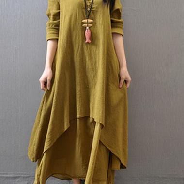 Casual Long Sleeve Button Decorated Rust Maxi..