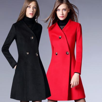 Fashion Slim Button Faux Woolen Coat For Lady (3..