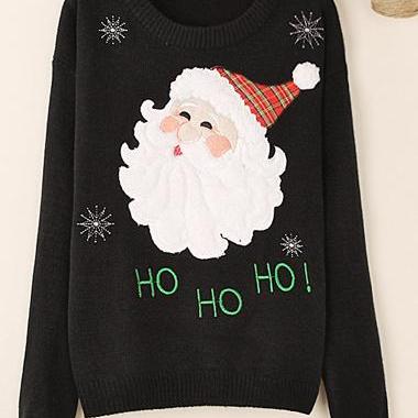Cute Santa Claus Pattern Black Pullover Sweater