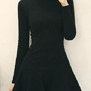 Fashion High Neck Long Sleeve Black Mini Dress