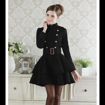 Cool Black Button Woolen Coat For Lady