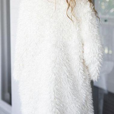 Casual White Long Sleeve Faux Fur Long Coat