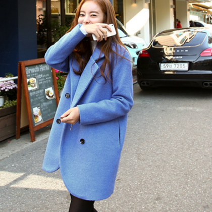 Fashion Blue Double Breasted Wool Coat For Women