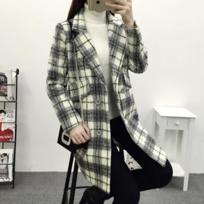 Vintage Grid Style Double Breasted Woolen Coats..