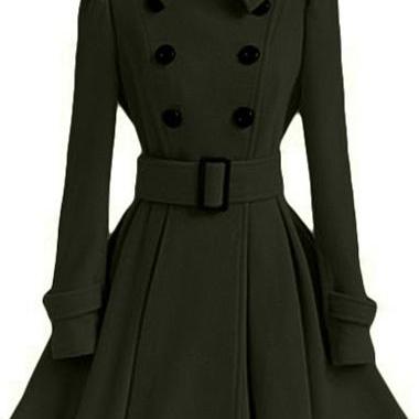 High Quality Long Sleeve Belted Coat - Army Green