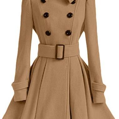 High Quality Long Sleeve Belted Coat - Light Tan