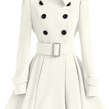 High Quality Long Sleeve Belted Coat - White