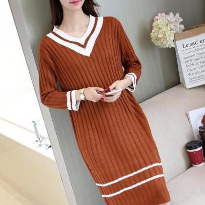 Fashion V Neck Long Sleeve Sweater Dress (3..
