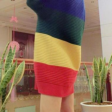 Casual Long Sleeve Color Block Long Sweater