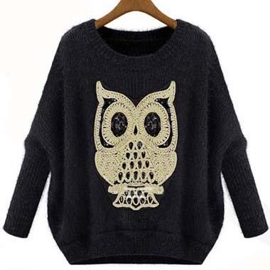 Fashion Owl Print Long Sleeve Round Neck Sweaters..