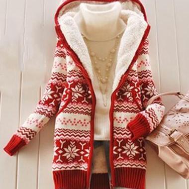 Fashion Pocket Design Red Hooded Collar Sweater