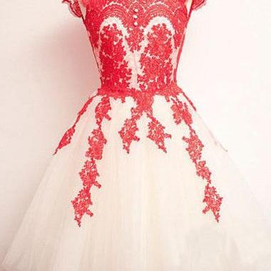 Fashion Lace Splicing Cap Sleeve Gauze Dress - Red
