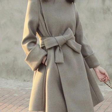 Fashion Woolen Long Sleeve Belt Embellished Coat -..