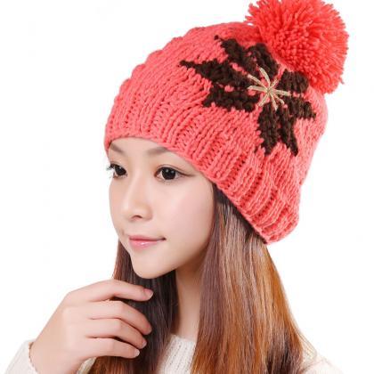 Knitted Winter Hat For Women - Watermelon Red