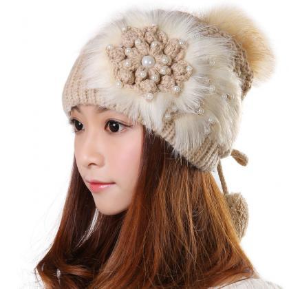 Knitted Hat Ball Beanies Winter Hat For Women -..