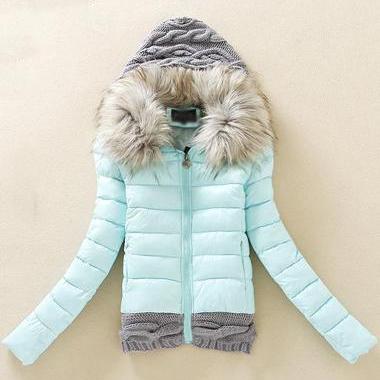 Fashion Knitting Wool Splicing Hooded Winter Coat..