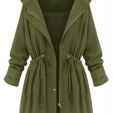 Casual Elastic Waist Hooded Trench Coat - Army..