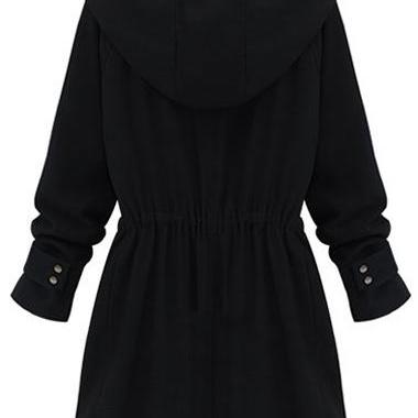 Casual Elastic Waist Hooded Trench Coat - Black