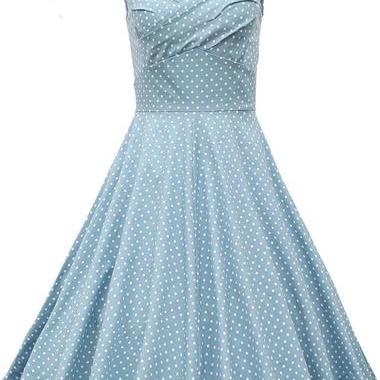 Cute Polka Dot Print Light Blue A Line Dress