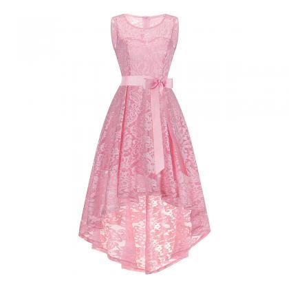 Elegant Round Neck Lace Dress - Pink