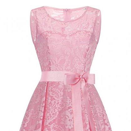 Elegant Round Neck Lace Dress - Pink