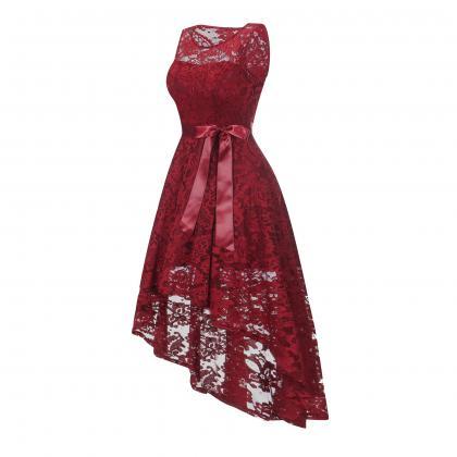 Elegant Round Neck Lace Dress - Wine Red