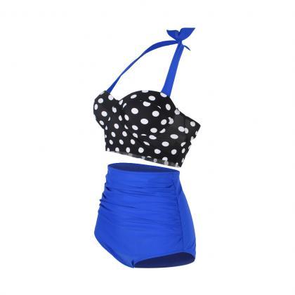 Halter Neck High Waist Dot Print Bikini Set