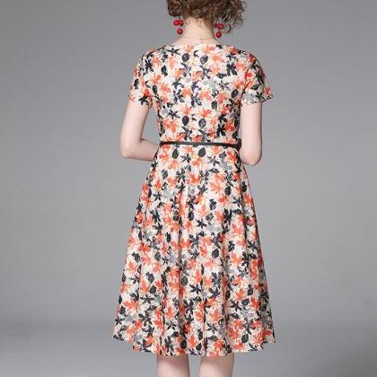 Vintage Round Collar Design Flower Print Dress..