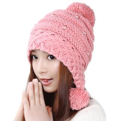 Lovely Female Winter Hat Knit Wool Cap - Pink